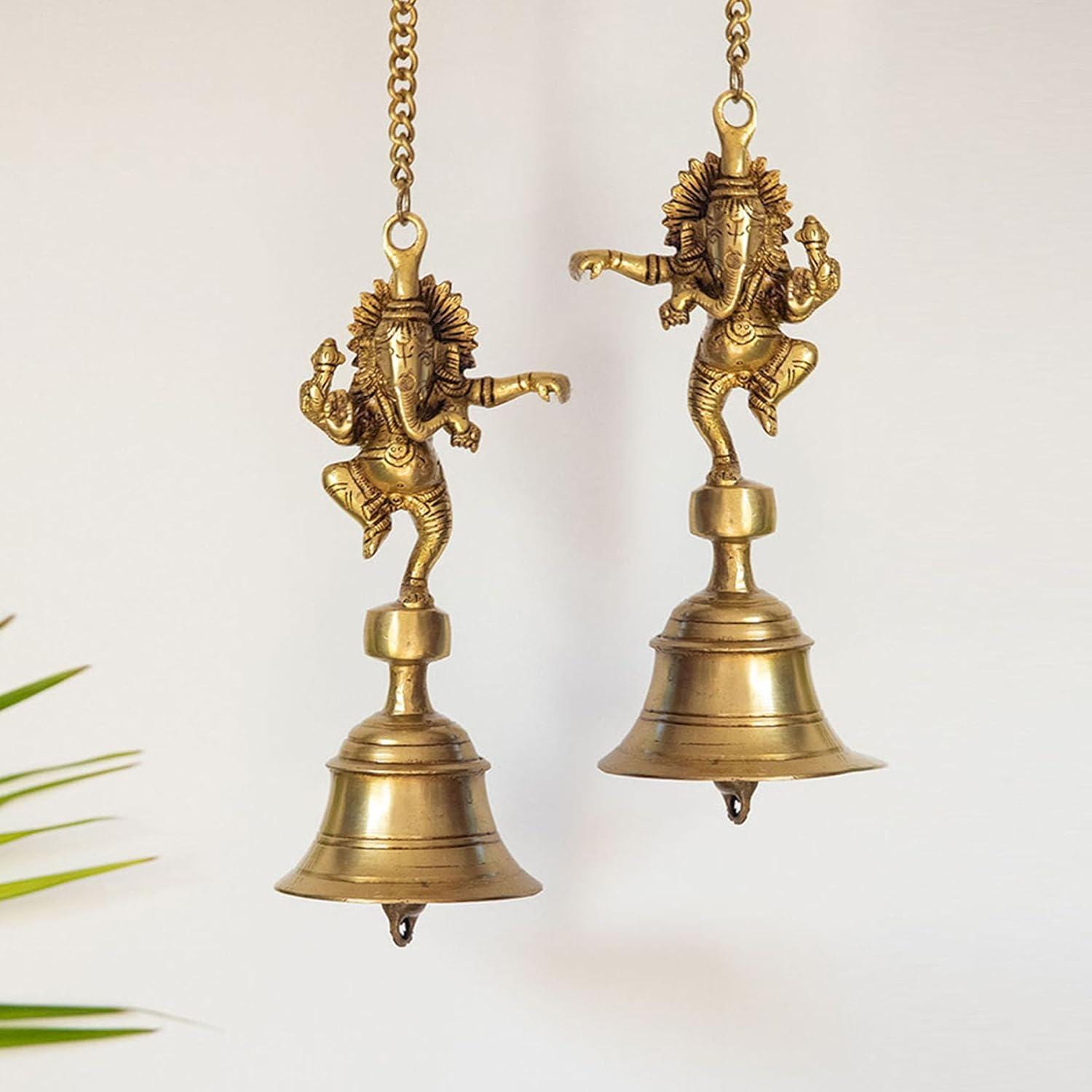 Brass Dancing Ganesha Bell With Chain, Set of 2 Hanging Ganpati Idol ...