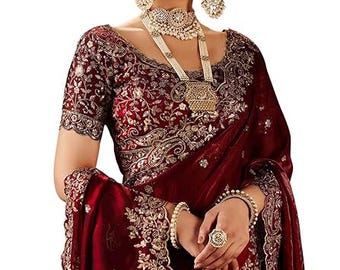 Rödbrun Georgette Sari för bröllop, indisk brudsari med kraftiga Zari-broderier och paljettdetaljer, designer Bollywood festkläder etnisk sari