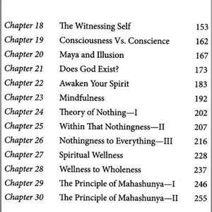 May include: A book's table of contents, featuring chapter titles and page numbers. Titles include "The Witnessing Self," "Consciousness Vs. Conscience," and "Does God Exist?" The page numbers range from 153 to 264.