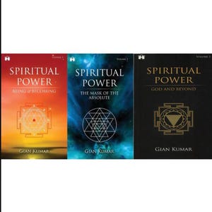 May include: Three books titled "Spiritual Power" by Gian Kumar. Volume 1 has a red and orange cover, Volume 2 is blue, and Volume 3 is black. Each book features geometric designs and the series title.