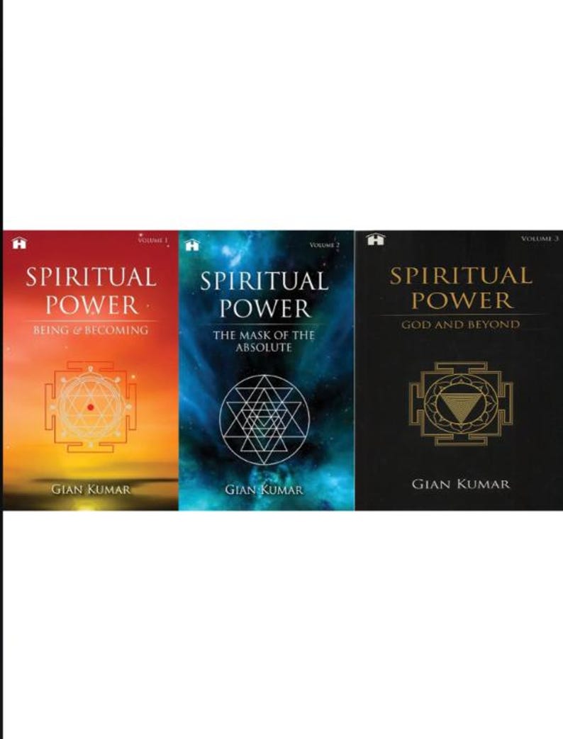 May include: Three books titled "Spiritual Power" by Gian Kumar. Volume 1 has a red and orange cover, Volume 2 is blue, and Volume 3 is black. Each book features geometric designs and the series title.