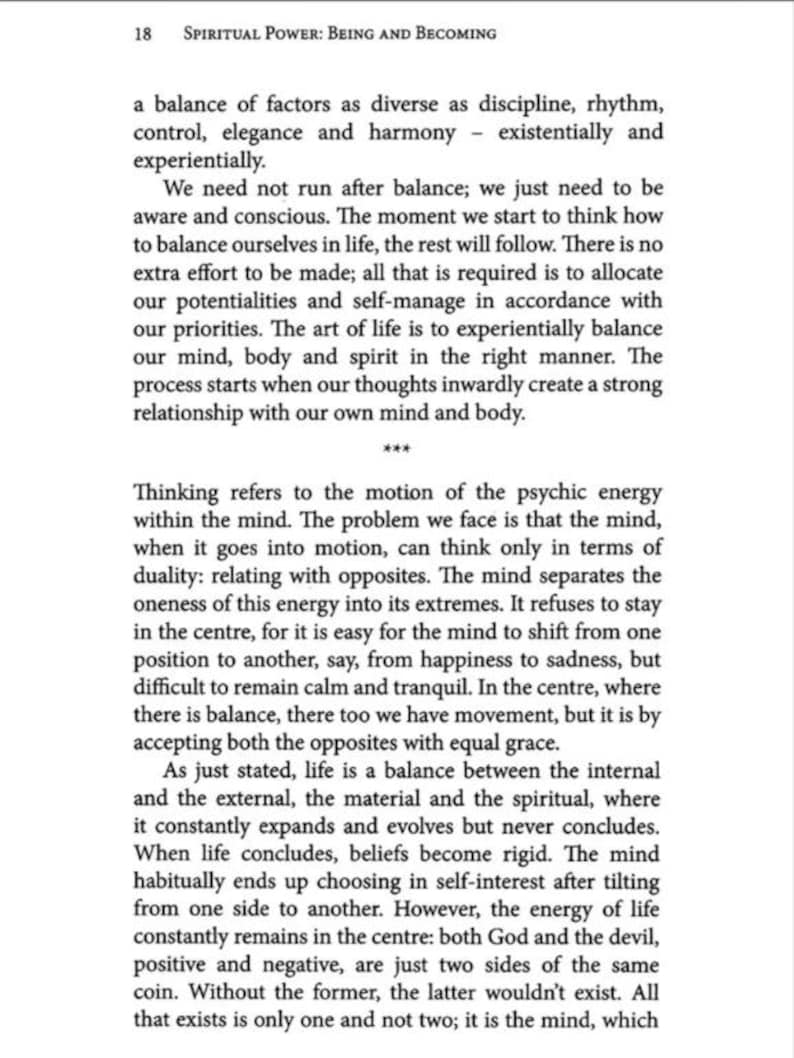 May include: Page 18 from a book titled "Spiritual Power: Being and Becoming." The text discusses balance, duality, and the mind's role in life. The page features paragraphs of text in a serif font, with the title at the top.