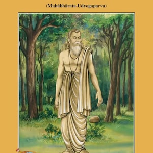 Op de afbeelding: Boekomslag van "Vidura Niti" met blauwe titel en een afbeelding van een man in traditionele kleding. De achtergrond toont een boslandschap. Uitgegeven door Gita Press, Gorakhpur, in 2001.