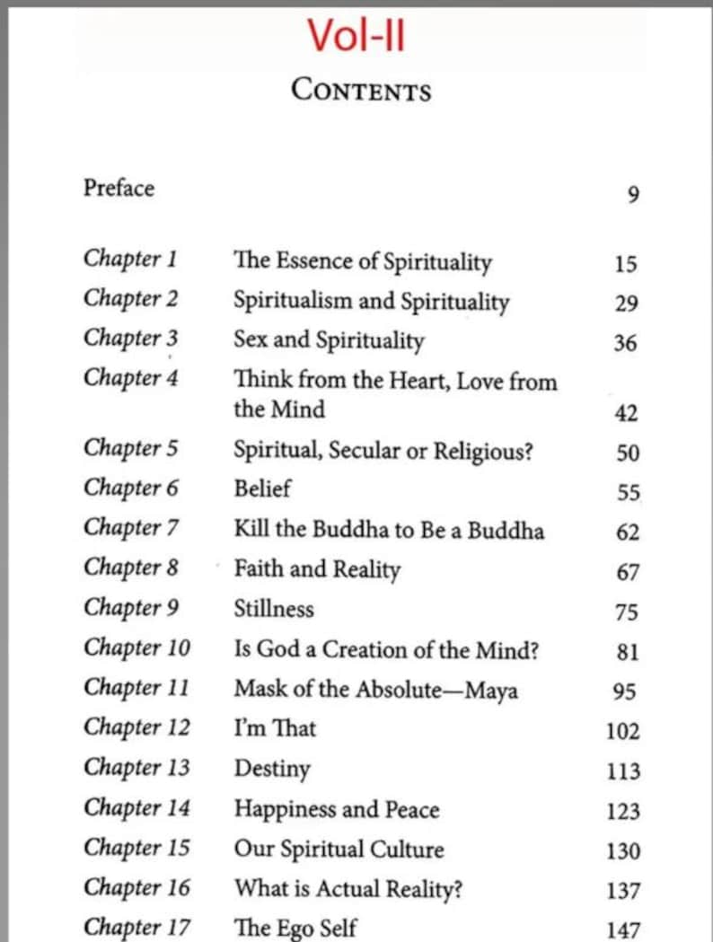 May include: A book's contents page titled "Vol-II CONTENTS" with a list of chapters and page numbers. Chapters include "The Essence of Spirituality," "Sex and Spirituality," and "Destiny." The page has a white background with black text.