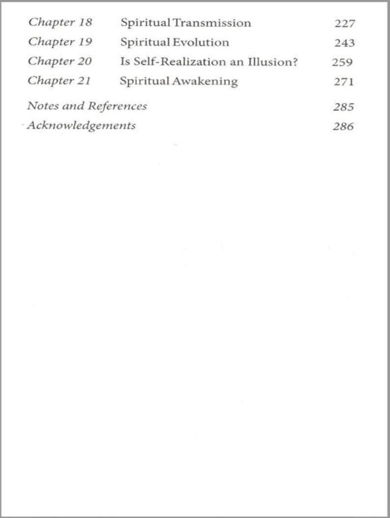 May include: A page from a book with a table of contents. The text includes chapter titles such as "Spiritual Transmission" and "Spiritual Awakening," along with page numbers. The layout is simple, with black text on a white background.