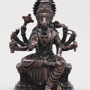 May include: A bronze-colored statue of a deity with multiple arms, seated on a pedestal. The figure has a boar-like head and is adorned with intricate details. The statue is from Exotic India.