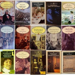 Puede incluir: Una colección de libros Penguin Classics, con varios títulos y autores. Las portadas de los libros muestran ilustraciones y texto, incluyendo títulos como "Crimen y castigo" y "El retrato de Dorian Gray".
