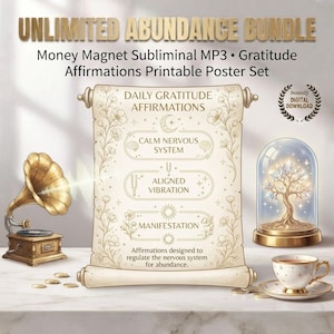 May include: A digital bundle titled UNLIMITED ABUNDANCE BUNDLE featuring a scroll with DAILY GRATITUDE AFFIRMATIONS, a gold gramophone, a glass dome with a glowing tree, and a teacup. Text includes Money Magnet Subliminal MP3 and Instantly Digital Download.