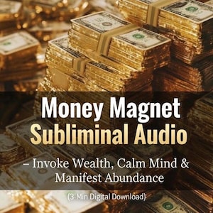 Puede incluir: Imagen de montones de billetes de dólar estadounidense, atados con cintas de papel, con un tono dorado. El texto superpuesto dice: "Money Magnet Subliminal Audio - Invoke Wealth, Calm Mind & Manifest Abundance (3-Min Digital Download)".