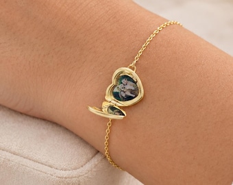 Personalized Birthstone Locket Bracelet, Custom Heart Photo Jewelry, Memorial Keepsake, Christmas Gift for Mom and Her