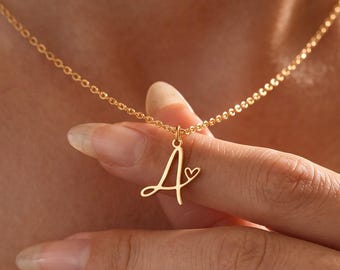 Personalized Initial Necklace with Heart, Anniversary Gift for Her, Custom Letter Pendant, Romantic 14K Gold Plated Jewelry for Wife