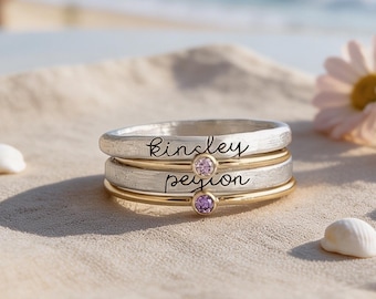 Personalized Mom Ring Set, Custom Kids Name Engraved Ring with CZ Stone, Mothers Day Birthday Gift for Mom, Family Jewelry