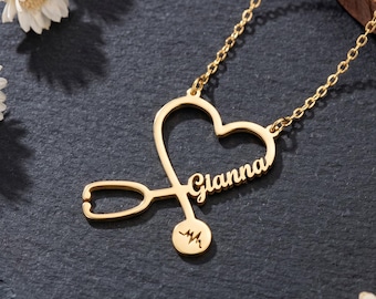 Collana personalizzata con nome e stetoscopio per infermiere, gioiello medico personalizzato a forma di cuore, regalo di laurea in medicina per lei, ciondolo placcato oro 14 carati