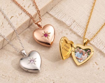 Personalized Photo Locket Necklace, Birthstone Memorial Gift for Mom, Engraved Heart Picture Pendant for Women