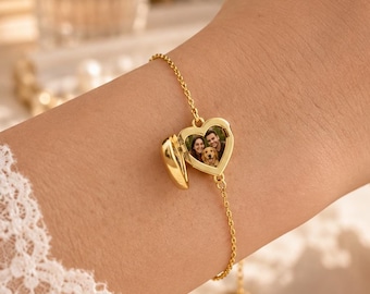 Personalized Birthstone Locket Bracelet, Custom Heart Photo Jewelry, Memorial Keepsake, Christmas Gift for Mom and Her