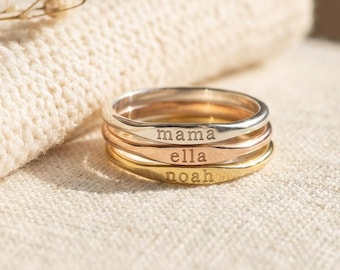 Stackable Name Ring for Mom, Personalized Engraved Family Band Ring, Dainty Custom Name Jewelry Gift for Women