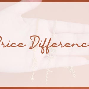 Puede incluir: Dos collares plateados con colgantes personalizados se muestran sobre una mano borrosa. El texto "Price Difference" está escrito en marrón. El fondo es de color melocotón.