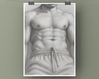 Queer Art Poster: Gay Grey Joggers and chest - LGBTQ+ Artwork