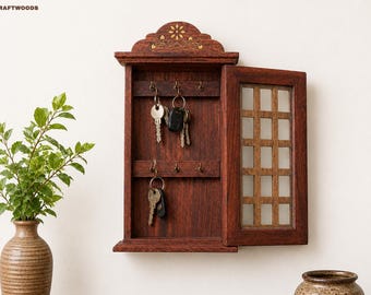 Handgefertigtes Holz Schlüsselhalter Wandschrank, Rustikaler Sheesham Holz Schlüsselkasten mit Haken, Wand Schlüsselhalter, Einzigartiger Schlüsselhalter, Vintage Schlüsselhalter