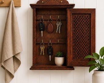 Wall Key Holder Cabinet, Personalized Wooden Key Holder, Rustic Sheesham Key Organizer, Vintage Key Box for Entryway, Custom Engraved Gift