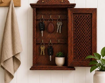 Personalized Wooden Key Holder, Rustic Sheesham Wall Key Cabinet with Hooks, Engraved Entryway Organizer Decor