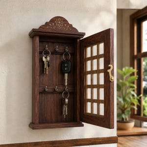 Könnte beinhalten: Ein dunkelbrauner, wandmontierter Schlüsselschrank aus Holz mit einer Flügeltür, die ein Gittermuster und einen Messingriegel aufweist. Das Innere enthält sechs Metallhaken zum Aufhängen von Schlüsseln sowie eine florale Schnitzerei.