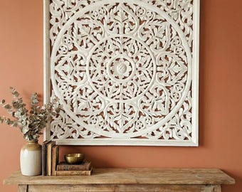 Large Carved Wood Wall Panel, Antique White Floral Wall Art, 36 Inch Statement Wall Decor, Boho Farmhouse Home Accent