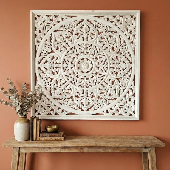 Large Carved Wood Wall Panel, Antique White Floral Wall Art, 36 Inch Statement Wall Decor, Boho Farmhouse Home Accent