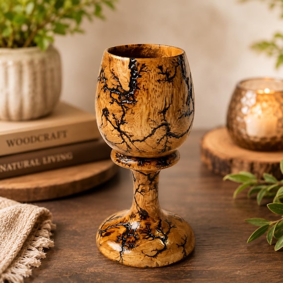 Handgefertigtes Weinglas aus Holz mit Blitzbrand-Design, rustikaler Becher, einzigartiges Trinkgefäß aus Holz für Ihn