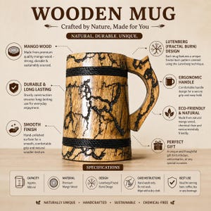 Pu&ograve; includere: Un boccale cilindrico in legno di mango con un motivo a bruciatura frattale scuro, due fasce orizzontali nere e un manico ergonomico. Il testo WOODEN MUG &egrave; visualizzato in alto, con specifiche che indicano una capacit&agrave; di 500 ml.