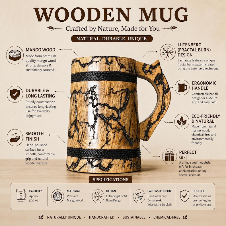 Pu&ograve; includere: Un boccale cilindrico in legno di mango con un motivo a bruciatura frattale scuro, due fasce orizzontali nere e un manico ergonomico. Il testo WOODEN MUG &egrave; visualizzato in alto, con specifiche che indicano una capacit&agrave; di 500 ml.