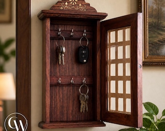 Handcrafted Wooden Key Holder Wall Cabinet | Rustic Sheesham Wood Key Box with Hooks | Wall Mounted Key Organizer | Entryway Storage Decor