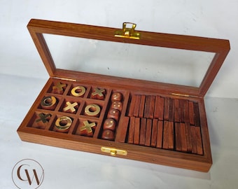 Handcrafted Wooden Tic Tac Toe Game, Brass X O Pieces, Glass Lid Box, Rustic Coffee Table Decor Gift