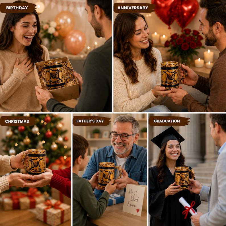 Pu&ograve; includere: Un boccale da birra cilindrico caratterizzato da un motivo marmorizzato nero e oro con bande orizzontali nere. Il boccale presenta un manico testurizzato ed &egrave; mostrato in vari contesti di regalo come compleanni, anniversari, Natale e festa del pap&agrave;.