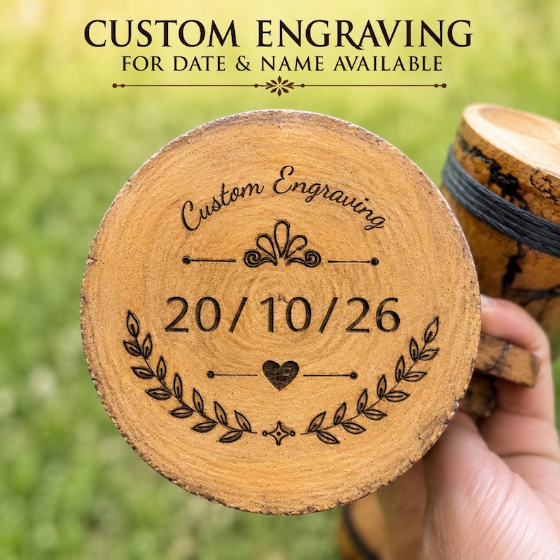 Pu&ograve; includere: Una superficie circolare in legno con un'incisione laser che riporta Custom Engraving, 20/10/26 e una piccola icona a forma di cuore. Il legno presenta venature naturali e una tonalit&agrave; marrone chiaro. Il testo Custom Engraving for date & name available &egrave; visibile.