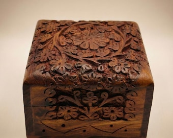 Carved Rosewood Jewelry Box, Velvet Lined Keepsake Box, Vintage Floral Wood Box, Boho Gift for Her