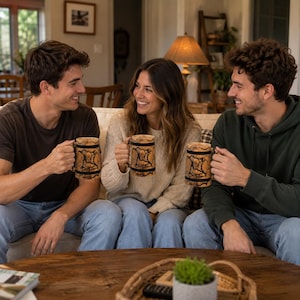 Pu&ograve; includere: Tre boccali cilindrici in legno caratterizzati da una venatura naturale color marrone chiaro, texture scure e screpolate che ricordano il legno bruciato e due fasce nere orizzontali che circondano le sezioni superiore e inferiore.