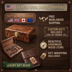 May include: A wooden gift set with a box, tools, and a leather-bound journal. The box is made of burl wood and has a gold clasp. The journal has a decorative tag. The image also includes text that says "Luxury Gift-Ready".