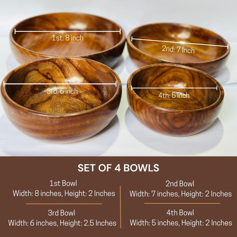 May include: Set of four wooden bowls with varying sizes. The largest bowl is 8 inches wide, while the smallest is 5 inches wide. The bowls have a rich, brown color and a smooth finish, perfect for serving food.