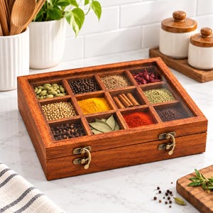 Große Masala-Box aus Holz, Gewürzbox mit 12 Fächern, handgefertigter Gewürzorganizer aus Holz, Gewürzaufbewahrung mit Glasdeckel, Küchengeschenk
