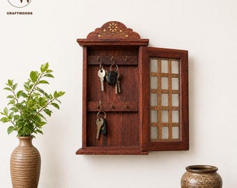 Handcrafted Wooden Key Holder Wall Cabinet, Rustic Sheesham Wood Key Box with Hooks, Wall Key Holder, Unique Key Holder, Vintage Key Holder