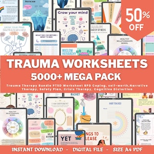 Trauma Therapy Bundle PTSD Worksheet BPD Coping, self-worth, Narrative Therapy, Safety Plan, Crisis Therapy, Cognitive Distortion