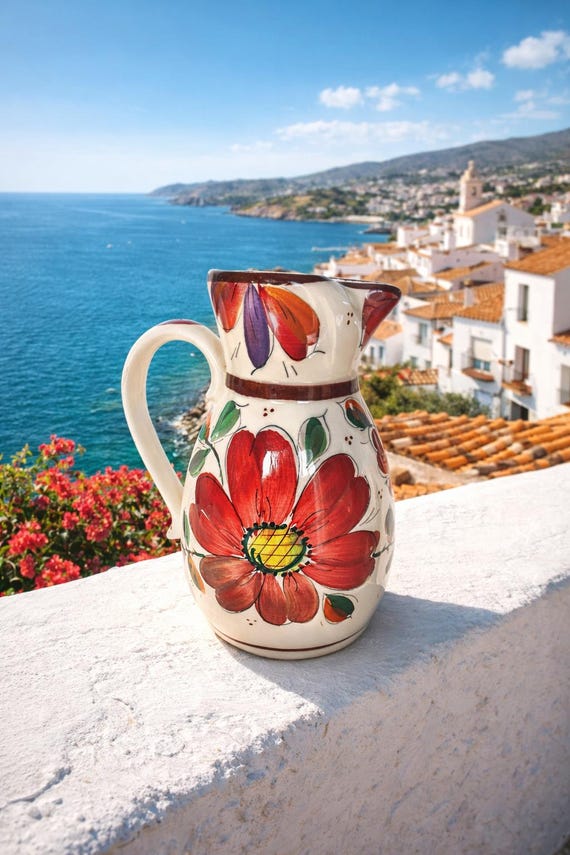 風景画の陶器水差し 色の変化 陶器水差し-antique pottery pitcher