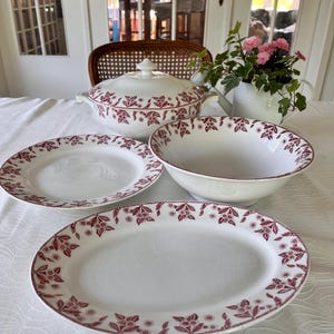 Vintage Boch Frères La Louvière Tableware Set – Red Floral Border – Belgian Faience