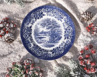 Vintage Blue Transferware Plate Broadhurst Ironstone England — “Staffordshire Countryside” — English Blue and White Decorative Plate