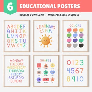 6 Educational Posters Bundle, Toddler Learning Prints, Playroom Posters, Classroom Wall Art, Preschool & Homeschool Decor, Digital Download
