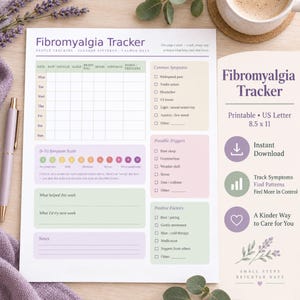 Printbare symptoomtracker voor fibromyalgie, wekelijks logboek voor pijn, vermoeidheid en triggers, PDF voor welzijn bij chronische ziekten