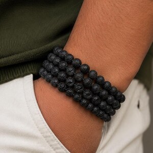 Natural Black Lava Stone Mala 8mm, Wearable 2-in-1 Necklace & Multi-Wrap Wrist Bracelet, Essential Oil Diffuser Grounding Prayer Beads Gift