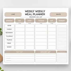 Planejador de Cardápio Semanal para Imprimir | Lista de Refeições e Compras | PDF para Imprimir | Organizador de Cozinha Minimalista