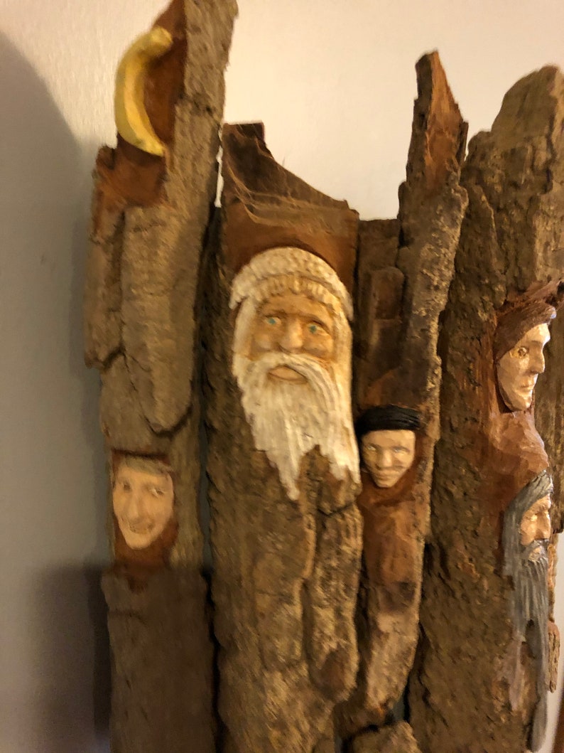cottonwood bark faces study hand carved